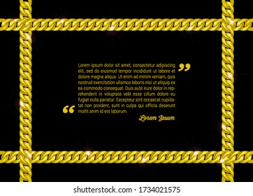Gold chain square border. Golden frame. Realistic jewelry object. Vector illustration.