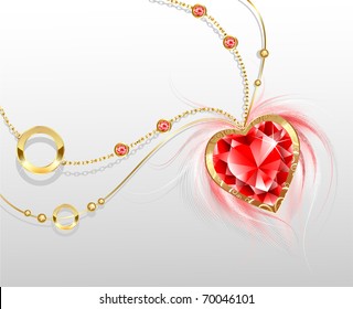 gold chain and stylish pendant in the form ruby heart and fluffy white feathers 