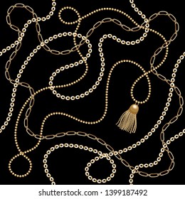 Gold chain with tassel seamless on black background. Fashion illustration. Seamless pattern abstract design. Vector