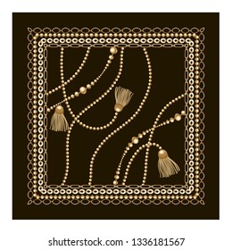 Gold chain with tasselon black background. Fashion illustration. Collection of jewelry. Abstract pattern  design. Vector illustration