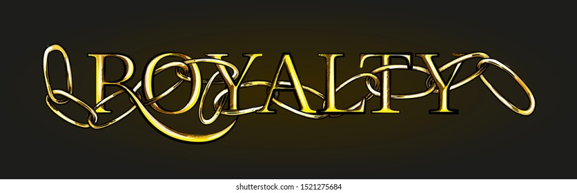 Gold chain twisted with golden word ROYALTY, hand drawn vector illustration. Dark background. 