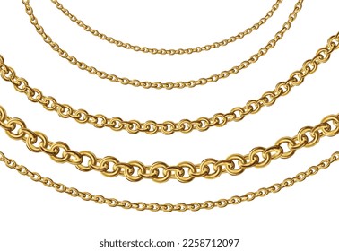 Gold chain vector isolated on white. Set of golden metallic jewellery objects.