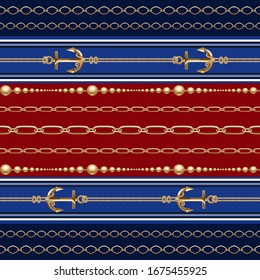  Gold chains, anchors,rope seamless on blue and red background. Abstract colorful pattern illustration in fashion style. Idea  for material, scarf, fabric, textile, wallpaper, wrapping paper. Vector