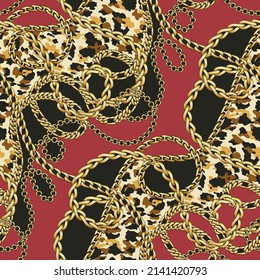 Gold chains with animal fur patches abstract vector seamless pattern patchwork wallpaper