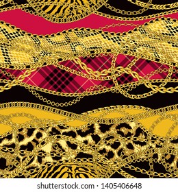 Gold chains with animal fur and scottish tartan abstract vector seamless pattern patchwork 