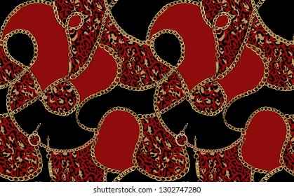 Gold chains and animal print. Vector seamless pattern.