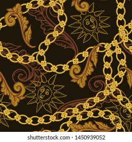 
Gold chains, baroque elements and engraved vintage images of the sun. Vector seamless  pattern. Luxury illustration.