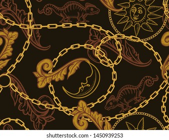 
Gold chains, baroque elements and engraved vintage images of the sun,moon and lizard. Vector seamless pattern. Luxury illustration.