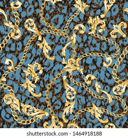 Gold chains and baroque flourishes and on spotterd animal texture. Seamless pattern background