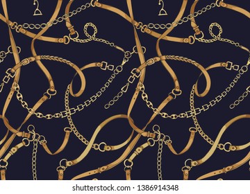 Gold chains and belts. Scarf print. Vector seamless pattern. Fabric design.