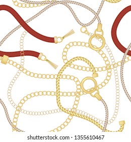 Gold chains and  belts seamless patterns for fabric design. Colored vector illustration. Isolated on white background.
