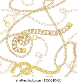 Gold chains and  belts seamless patterns for fabric design. Colored vector illustration. Isolated on white background.
