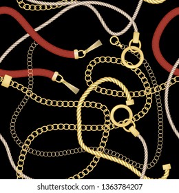 Gold chains and  belts seamless patterns for fabric design. Colored vector illustration. Isolated on black background.
