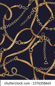 Gold chains and belts. Vector seamless pattern.