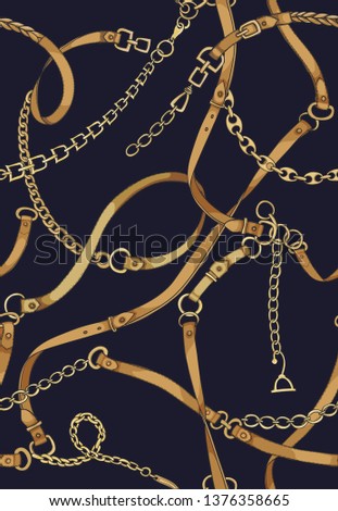 Gold chains and belts. Vector seamless pattern.