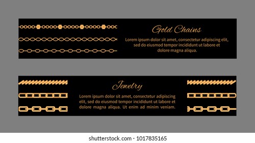 Gold chains, collection of cards consisting of images with jewellery and text sample easy to edit, vector illustration isolated on grey background
