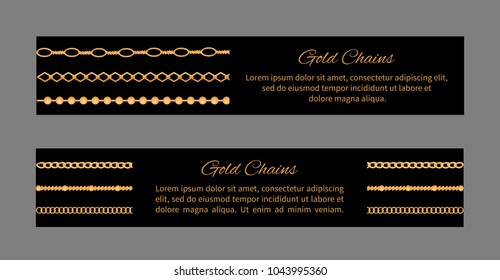 Gold chains, collection of cards consisting of images with jewellery and text sample easy to edit, vector illustration isolated on grey background