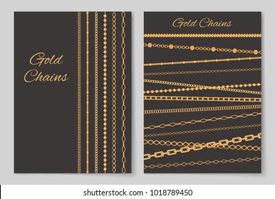 Gold chains collection of covers, posters made up of jewel items and headlines in decorative fonts, vector illustration isolated on grey background. Chain from gold