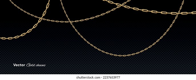 Gold chains concept. Luxury and wealth, overlay. Template layout and mock up on copy space. Golden jewerly, necklace and accessory. Realistic 3D vector illustration isolated on transparent background