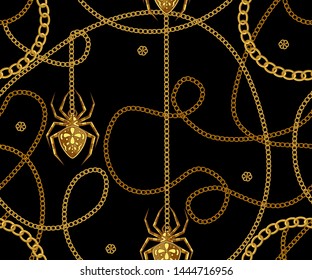 
Gold chains and cross spider . Vector seamless pattern. Texture necklaces on a black background.