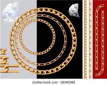 Gold chains and diamonds. Vector contains pattern brushes of chains.