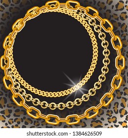 gold chains of different types in the form of circles on the background of leopard skin