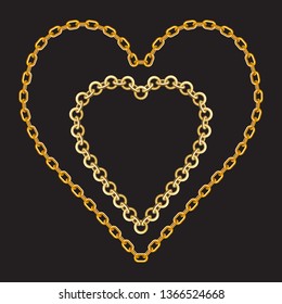 Gold chains of different types and sizes in the form of hearts isolated on a black background