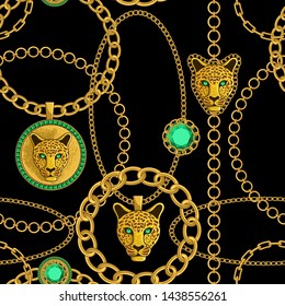 
Gold chains, emeralds and pendants with a leopard head on a black background. Seamless Baroque vector pattern.