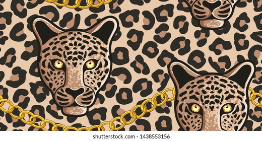 
Gold chains, head and skin of leopard. Vector seamless pattern. Animal texture.