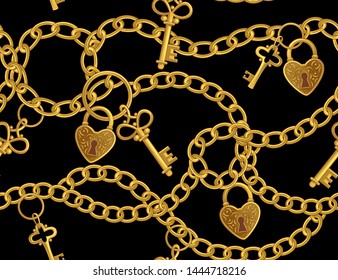 
Gold chains, keys and locks of love. Vector seamless pattern. Vintage wedding texture.