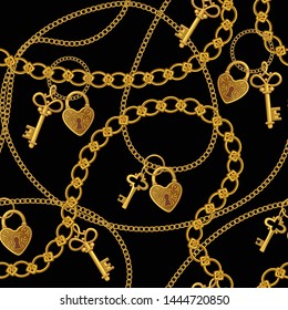 
Gold chains, keys and locks of love. Vector seamless pattern. Vintage wedding texture.