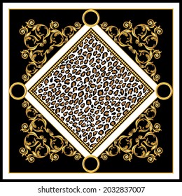 Gold Chains, Leopard skin with Baroque Pattern on Black. Vector Illustration.
