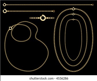 GOLD CHAINS,  necklaces, bracelets with clasps, detailed shading, black background. Easy to customize; EPS8 compatible.