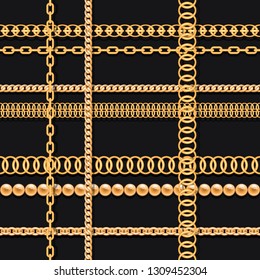 Gold chains on black luxury seamless pattern. For fashion design. Vector illustration.