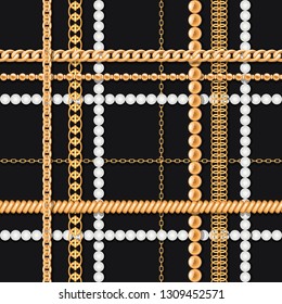 Gold chains and pearls on black luxury seamless pattern. For fashion design. Vector illustration.