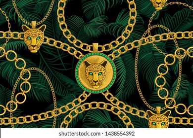 

Gold chains and pendants with a leopard head on the background of tropical palm leaves.  Seamless Baroque vector pattern.