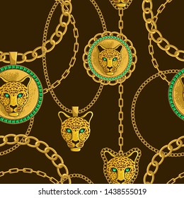 

Gold chains and pendants with a leopard head on a brown background. Seamless Baroque vector pattern.