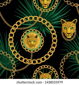 

Gold chains and pendants with a leopard head on the background of tropical palm leaves.  Seamless Baroque vector pattern.
