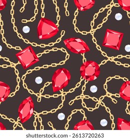 Gold chains and red gems on dark background. Seamless pattern with jewels. Vector cartoon flat illustration.