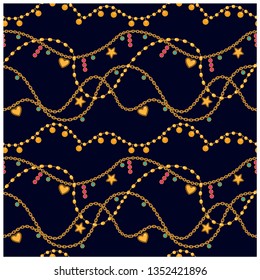 Gold chains seamless pattern  Gold hearts   stars  Fabric design vector print  