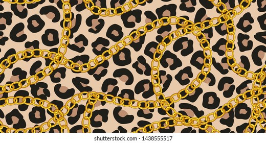 
Gold chains seamless pattern with leopard skin .   Vector illustration. Animal texture.