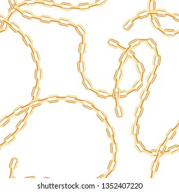 Gold chains seamless pattern on white background.  Vector illustration of metal jewelry in cartoon simple flat style.