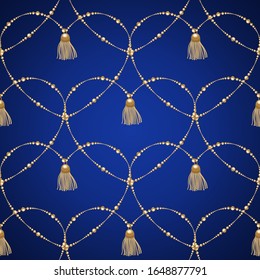 Gold chains seamless pattern on dark blue background. Gold hearts and tassel. Fabric design vector print. 