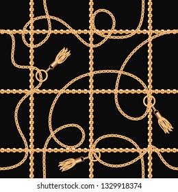 Gold chains with tassels seamless pattern on black background. For textile, scarf, cravat design. Vector