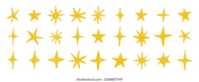 gold chalk crayon doodle stars set. Shine and sparkle hand drawn drawing collection. Children style yellow wax pencil elements. Grunge texture star shapes. Vector illustration