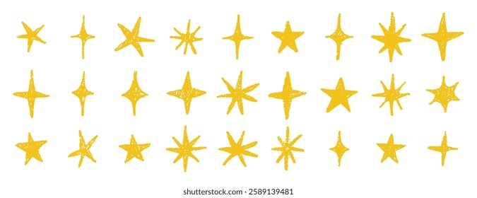 gold chalk crayon doodle stars set. Shine and sparkle hand drawn drawing collection. Children style yellow wax pencil elements. Grunge texture star shapes. Vector illustration