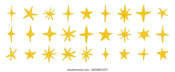 gold chalk crayon doodle stars set. Shine and sparkle hand drawn drawing collection. Children style yellow wax pencil elements. Grunge texture star shapes. Vector illustration