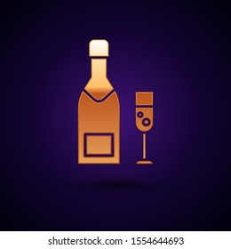 Gold Champagne bottle and glass of champagne icon isolated on dark blue background. Merry Christmas and Happy New Year.  Vector Illustration