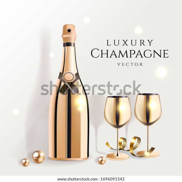 ワイングラスをかけた金色のシャンパン瓶 お祝い用の高級お祭りアルコール製品 ベクターイラスト のベクター画像素材 ロイヤリティフリー