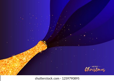 Gold Champagne explosion paper cut style. Origami Celebration layered theme with splashing champagne. Happy holidays. Merry Christmas and Happy New Year. Blue